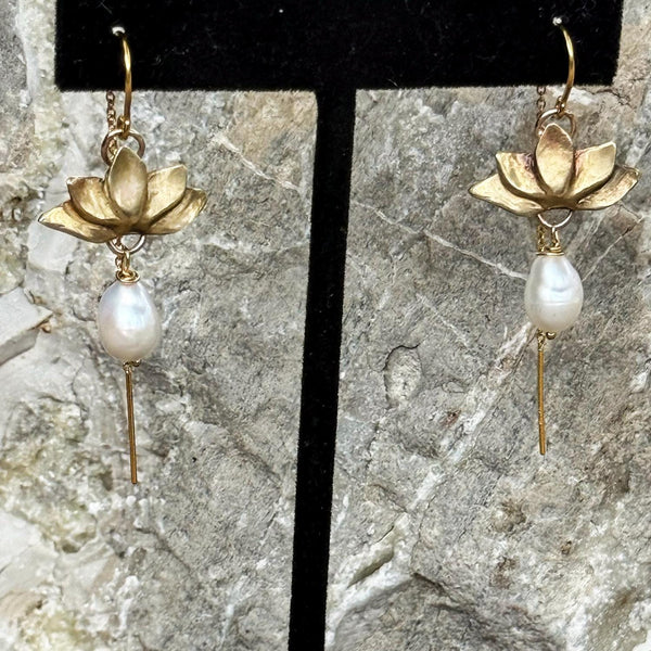 Bronze Lotus Earrings with 14K GF Threaded Chain Ear Wire and Baroque Pearl Drop