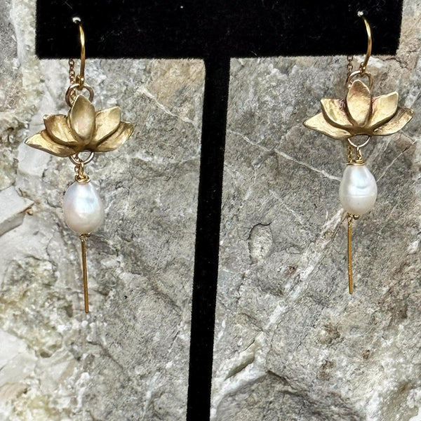 Sterling Silver Lotus Earrings with Threaded Chain Ear Wire and Baroque Pearl Drop