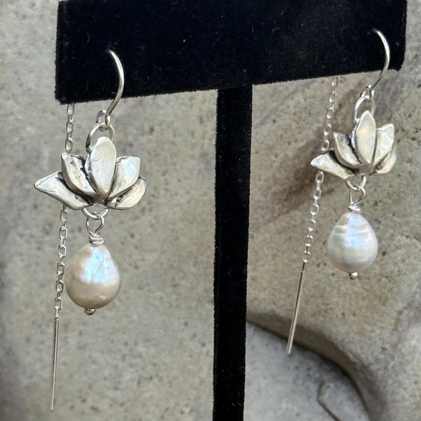 Bronze Lotus Earrings with 14K GF Threaded Chain Ear Wire and Baroque Pearl Drop