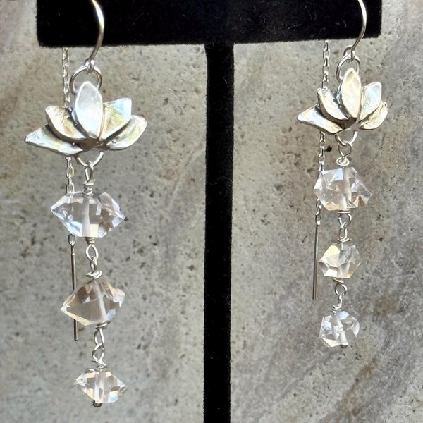 Bronze Lotus Earrings with Gold Filled Threaded Chain Ear Wire and Triple Herkimer Diamond Drop