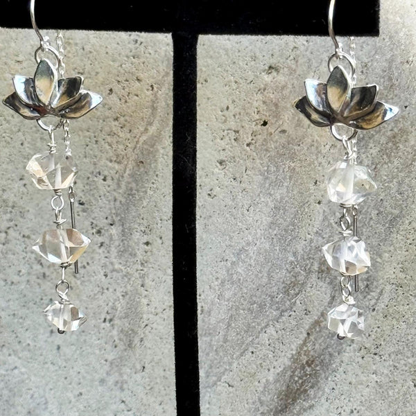 Bronze Lotus Earrings with Gold Filled Threaded Chain Ear Wire and Triple Herkimer Diamond Drop