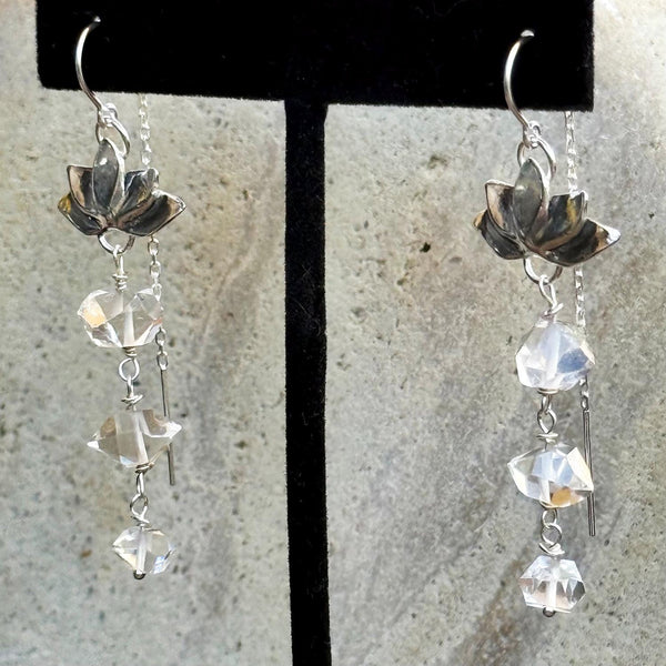 Sterling Silver Lotus Earrings with Threaded Chain Ear Wire and Triple Herkimer Diamond Drop