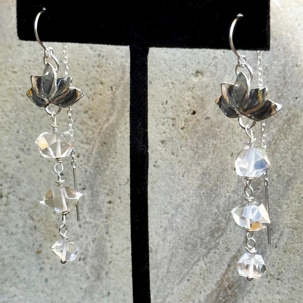 Bronze Lotus Earrings with Gold Filled Threaded Chain Ear Wire and Triple Herkimer Diamond Drop