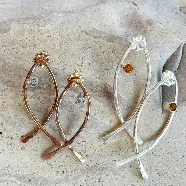 Handmade Sterling Silver Fish Earrings with Tube Set Citrine