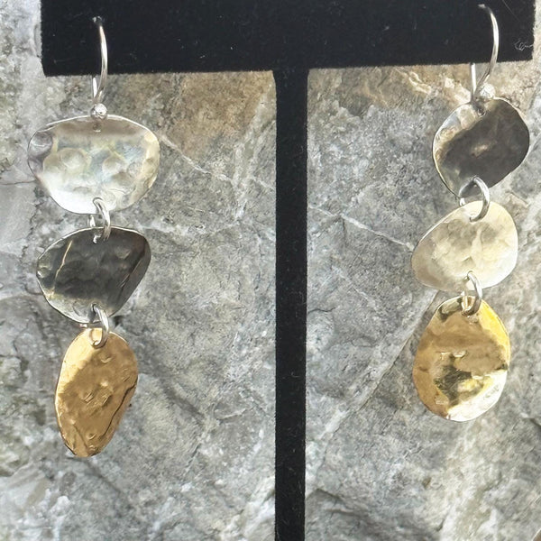Handmade Hammered Mixed Metal Freeform Triple Drop Earrings