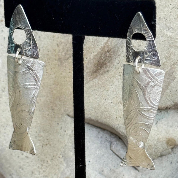 Handmade Mixed Roller Printed Two Piece Sterling Silver Fish Earrings