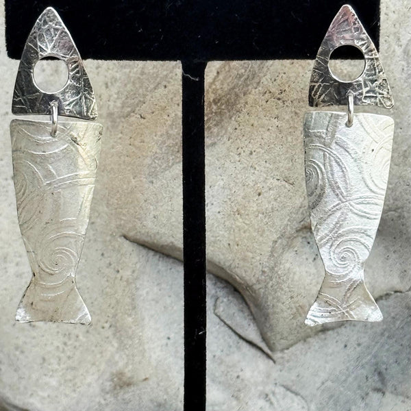 Handmade Mixed Roller Printed Two Piece Sterling Silver Fish Earrings