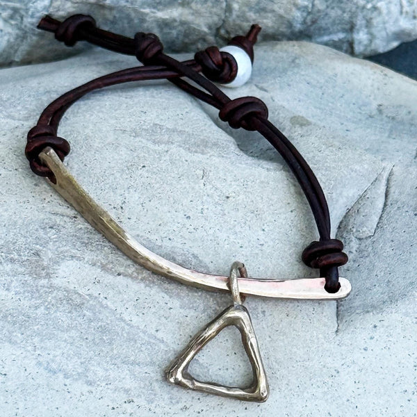 Handmade Hammered Bronze Organic Bar and Triangle Bracelet with Adjustable Pearl Closure