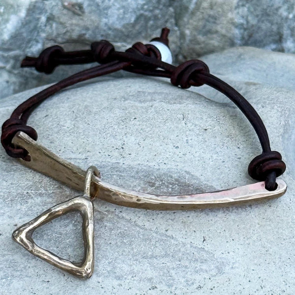 Handmade Hammered Bronze Organic Bar and Triangle Bracelet with Adjustable Pearl Closure