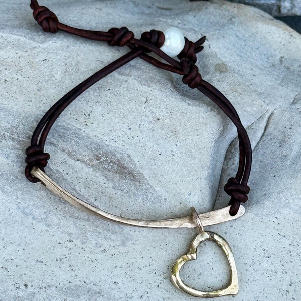 Handmade Hammered Bronze Organic Bar and Heart Bracelet with Adjustable Pearl Closure