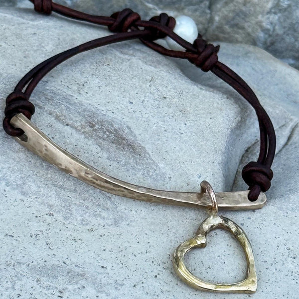 Handmade Hammered Bronze Organic Bar and Heart Bracelet with Adjustable Pearl Closure