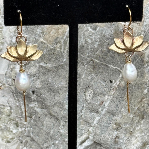 Bronze Lotus Earrings with 14K GF Threaded Chain Ear Wire and Baroque Pearl Drop