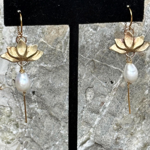 Sterling Silver Lotus Earrings with Threaded Chain Ear Wire and Baroque Pearl Drop