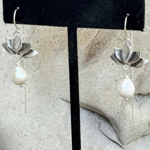 Bronze Lotus Earrings with 14K GF Threaded Chain Ear Wire and Baroque Pearl Drop