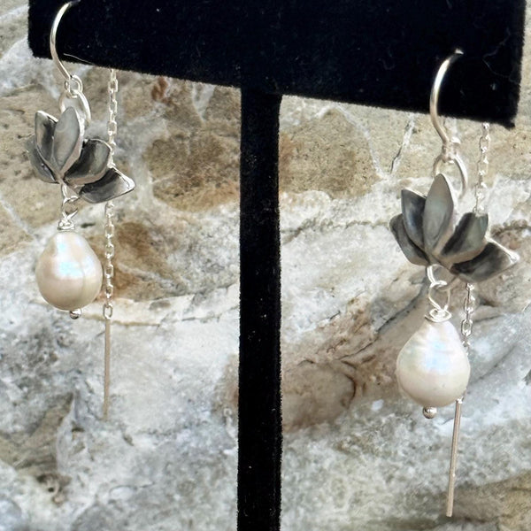Bronze Lotus Earrings with 14K GF Threaded Chain Ear Wire and Baroque Pearl Drop