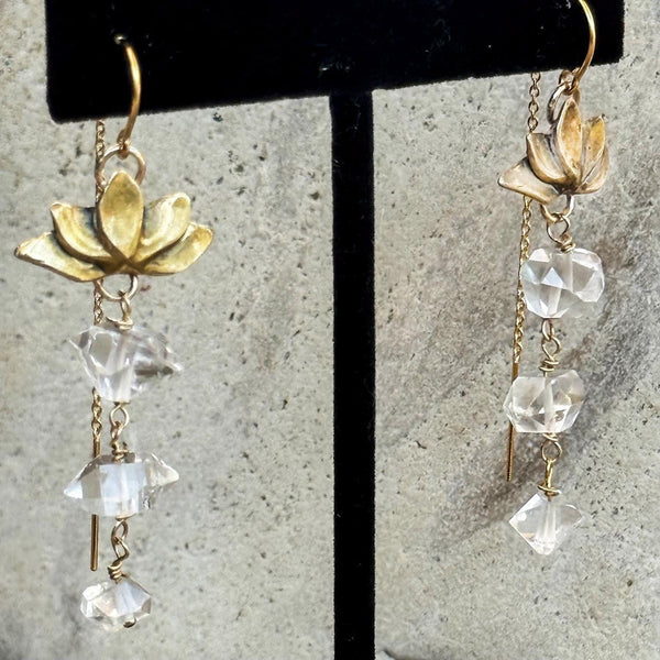 Sterling Silver Lotus Earrings with Threaded Chain Ear Wire and Triple Herkimer Diamond Drop