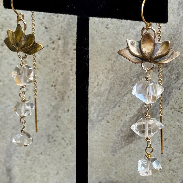 Bronze Lotus Earrings with Gold Filled Threaded Chain Ear Wire and Triple Herkimer Diamond Drop