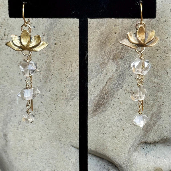 Bronze Lotus Earrings with Gold Filled Threaded Chain Ear Wire and Triple Herkimer Diamond Drop