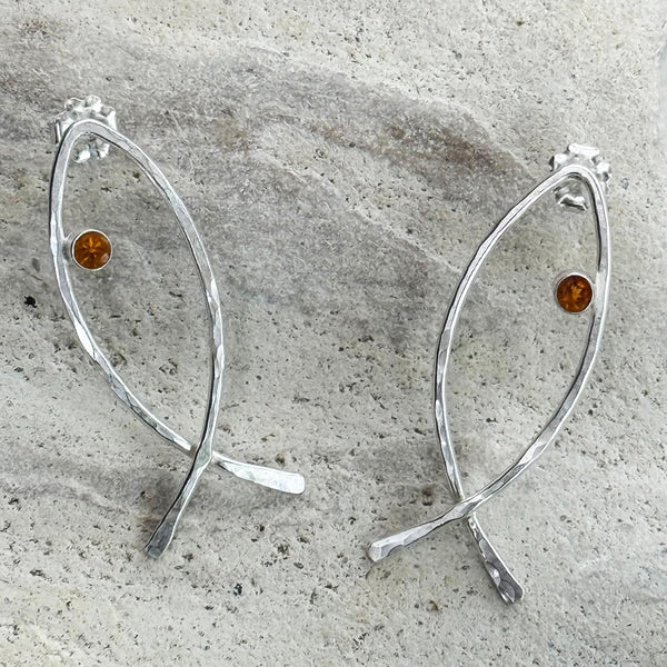 Handmade Sterling Silver Fish Earrings with Tube Set Citrine