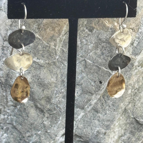 Handmade Hammered Mixed Metal Freeform Triple Drop Earrings