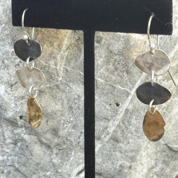 Handmade Hammered Mixed Metal Freeform Triple Drop Earrings