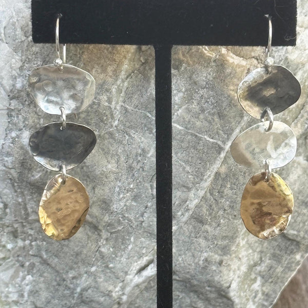 Handmade Hammered Mixed Metal Freeform Triple Drop Earrings
