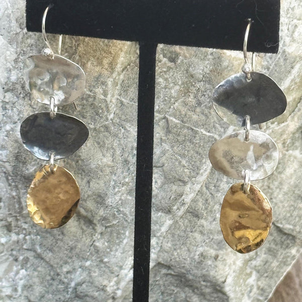 Handmade Hammered Mixed Metal Freeform Triple Drop Earrings