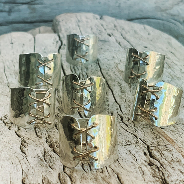 Silver Cuff Corset Ring with Gold Wire Lacing
