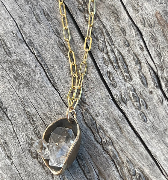 Bronze Herkimer Diamond Crystal Cave Necklace on 14K GF Paper Clip Chain