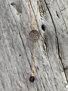 Handmade Gold Fill Triple Spiral Charm Lariat Delicate Necklace with Amethyst Drop