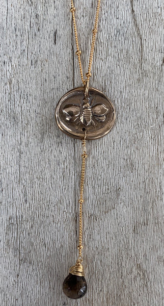 Handmade 14K Gold Fill Bee Charm Lariat Necklace with Smokey Quartz Drop