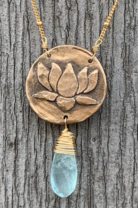 Gold Fill Lotus Necklace with Aquamarine Drop