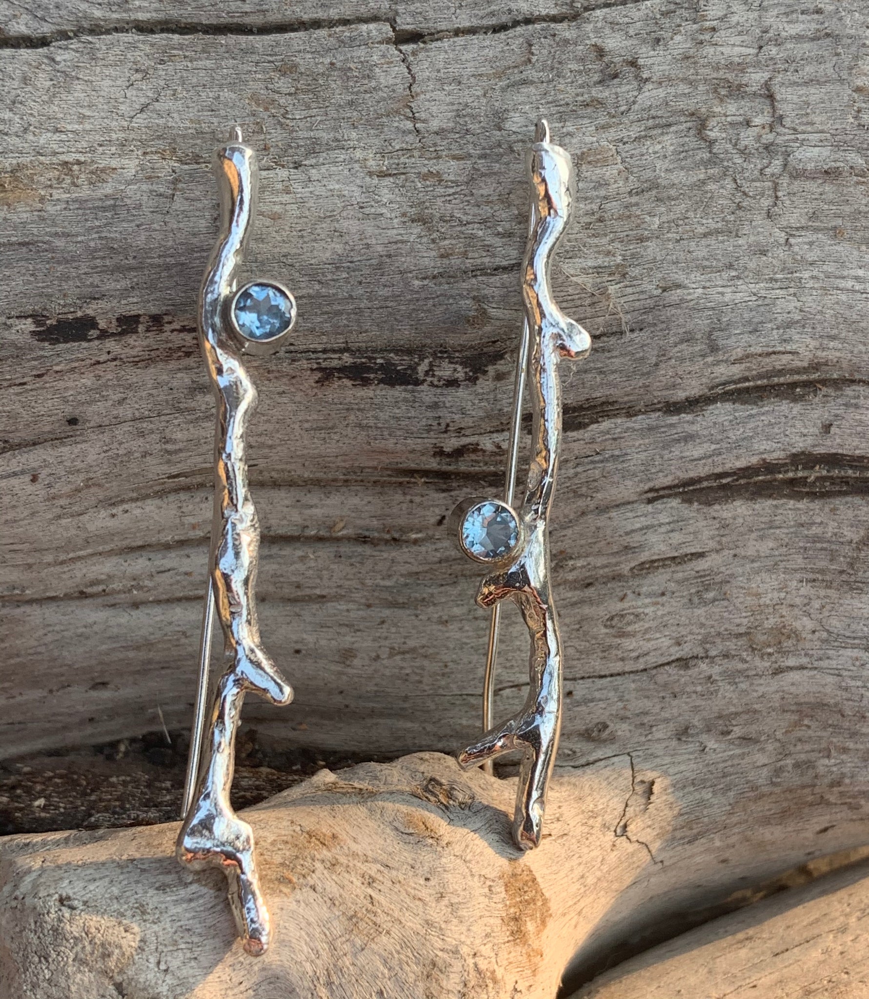 Handmade Sterling Silver Branch Earrings with Tube Set Aquamarine