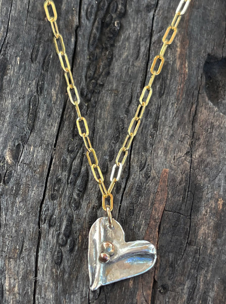 Sterling Silver Organic Two Peas in a Pod Heart Necklace on 14k GF Paper Clip Chain