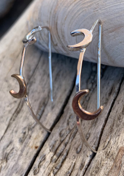 Handmade Sterling Silver Half Hoop Earrings with Bronze and Silver Crescent Moons