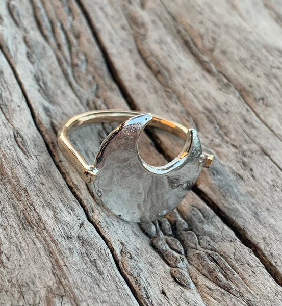 Silver Hammered Crescent Moon Ring with 14K Gold Fill Band Large