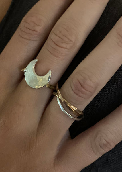 Silver Hammered Crescent Moon Ring with 14K Gold Fill Band