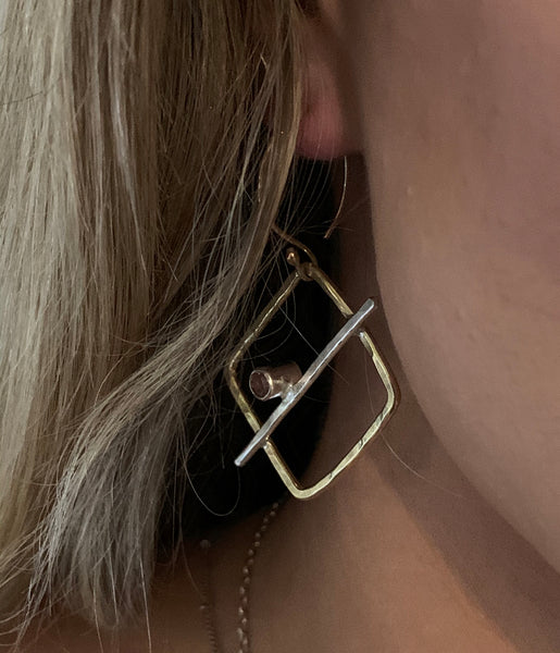 Mixed Metal Square Pink Tourmaline Tube Set Earrings