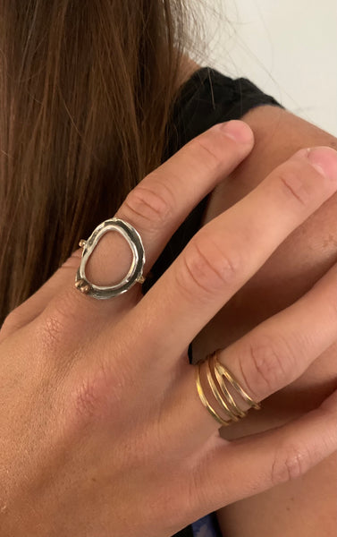 Organic Two Peas in a Pod Silver Circle Ring with Two Bronze Beads and 14K Gold Fill Band