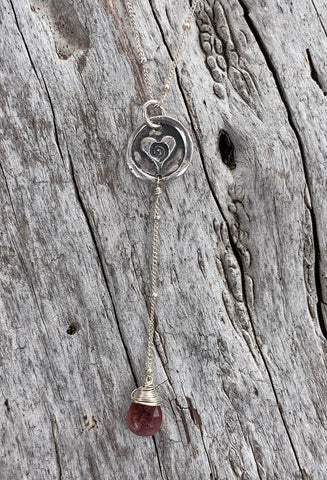 Handmade Sterling Silver Heart Spiral Charm Lariat Delicate Necklace with Pink Tourmaline Drop