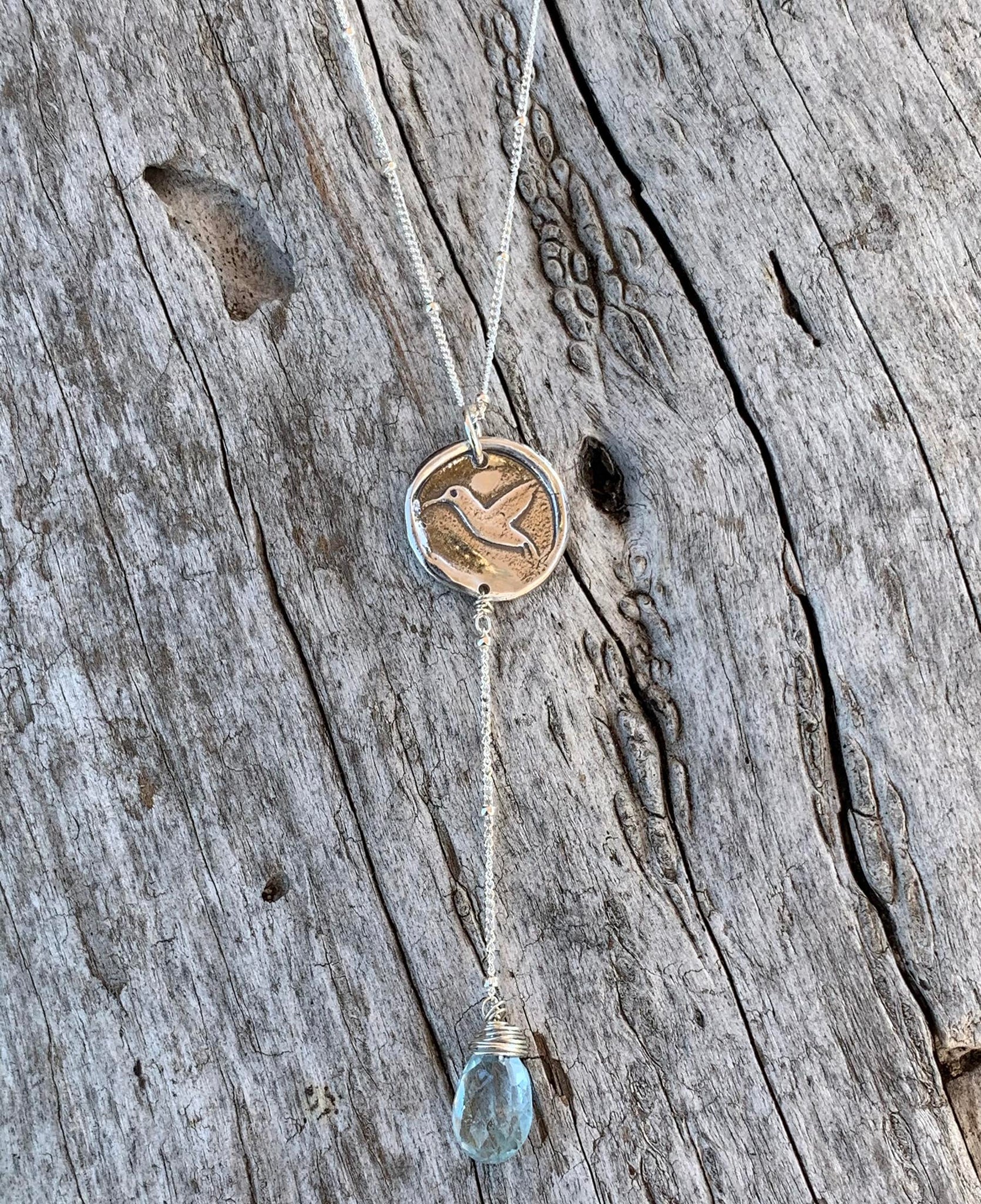 Handmade Sterling Silver Hummingbird Charm Lariat Delicate Necklace with Aquamarine Drop