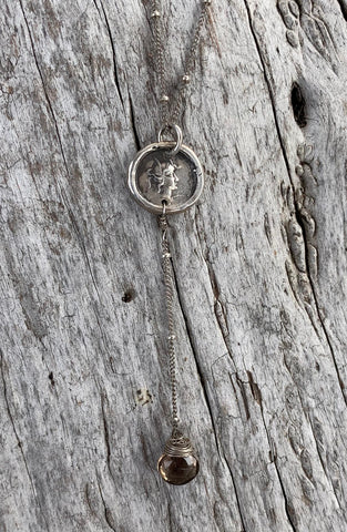 Handmade Sterling Medusa Charm Lariat Delicate Necklace with Smokey Quartz