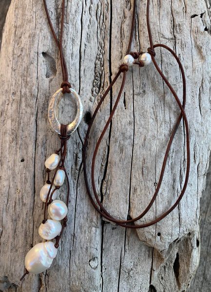 Handmade Sterling Silver Organic Hammered Oval Leather Adjustable Long Lariat Necklace with Freshwater Pearl Cluster