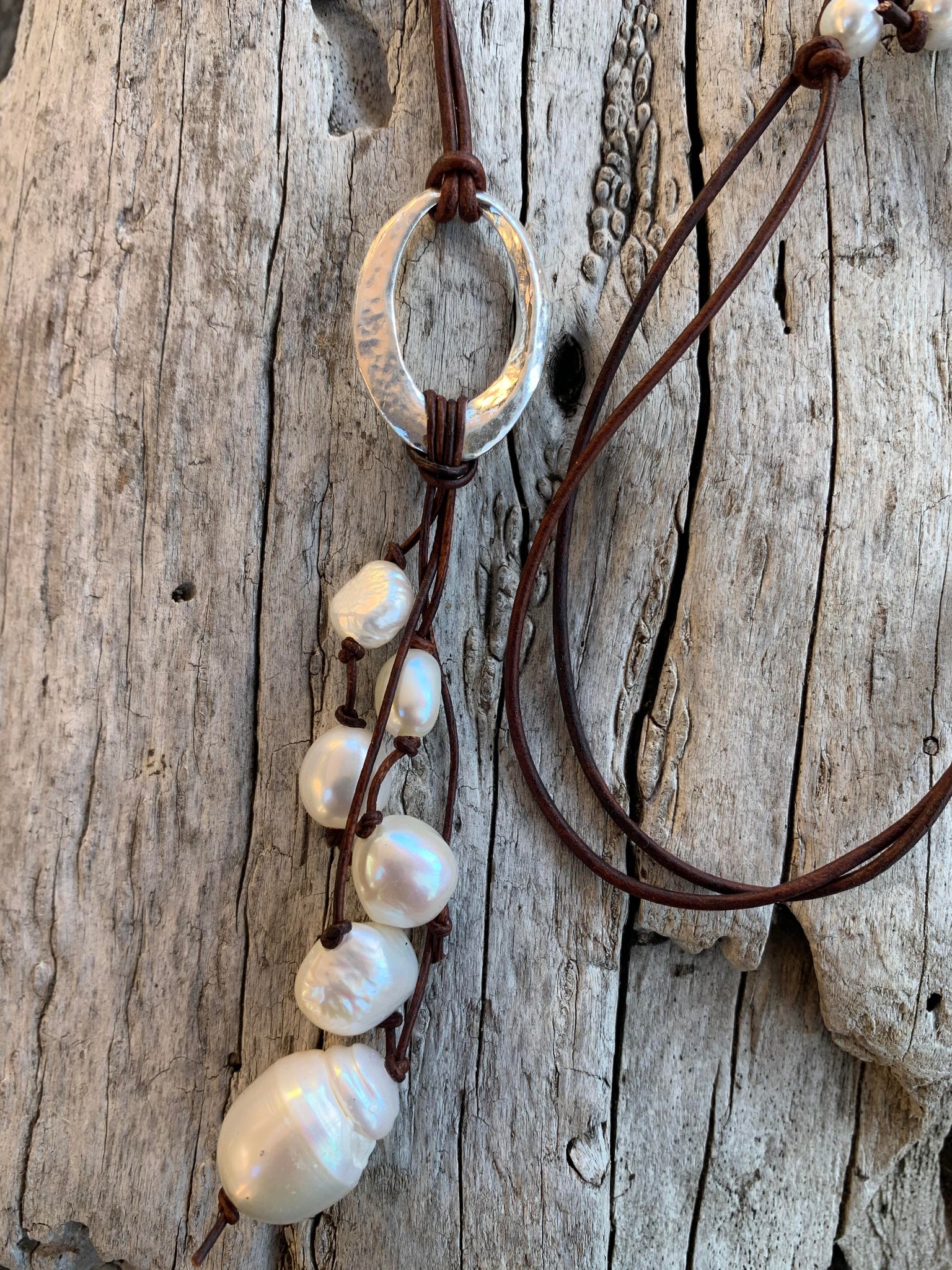 Handmade Sterling Silver Organic Hammered Oval Leather Adjustable Long Lariat Necklace with Freshwater Pearl Cluster