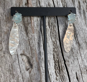 Sterling Silver Feather Earrings with Prong Set Raw Aquamarine
