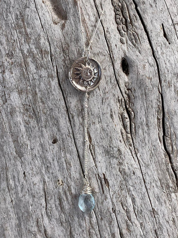 Handmade Sterling Silver Sun Charm Lariat Delicate Necklace with Aquamarine Drop