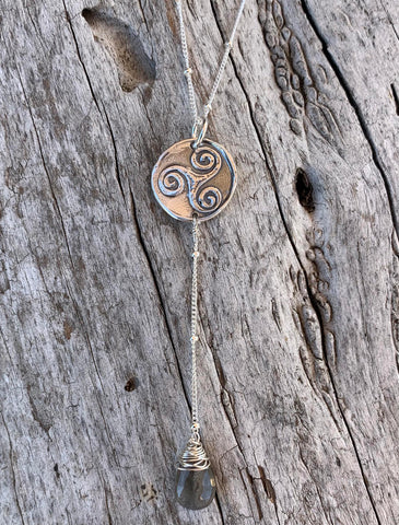 Handmade Sterling Silver Triple Spiral Charm Lariat Delicate Necklace with Labradorite Drop