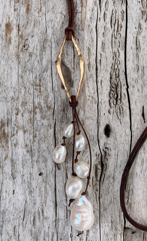 Handmade Bronze Organic Diamond Long Leather Adjustable Lariat Necklace with Freshwater Baroque Pearls