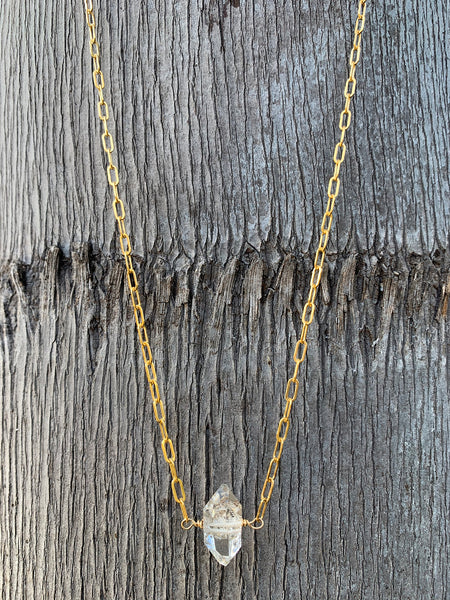 Handmade Single Herkimer Diamond Necklace on 14K GF Paper Clip Chain