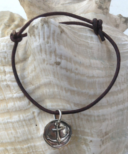 Handmade Sterling Silver Anchor Charm Adjustable Leather Bracelet